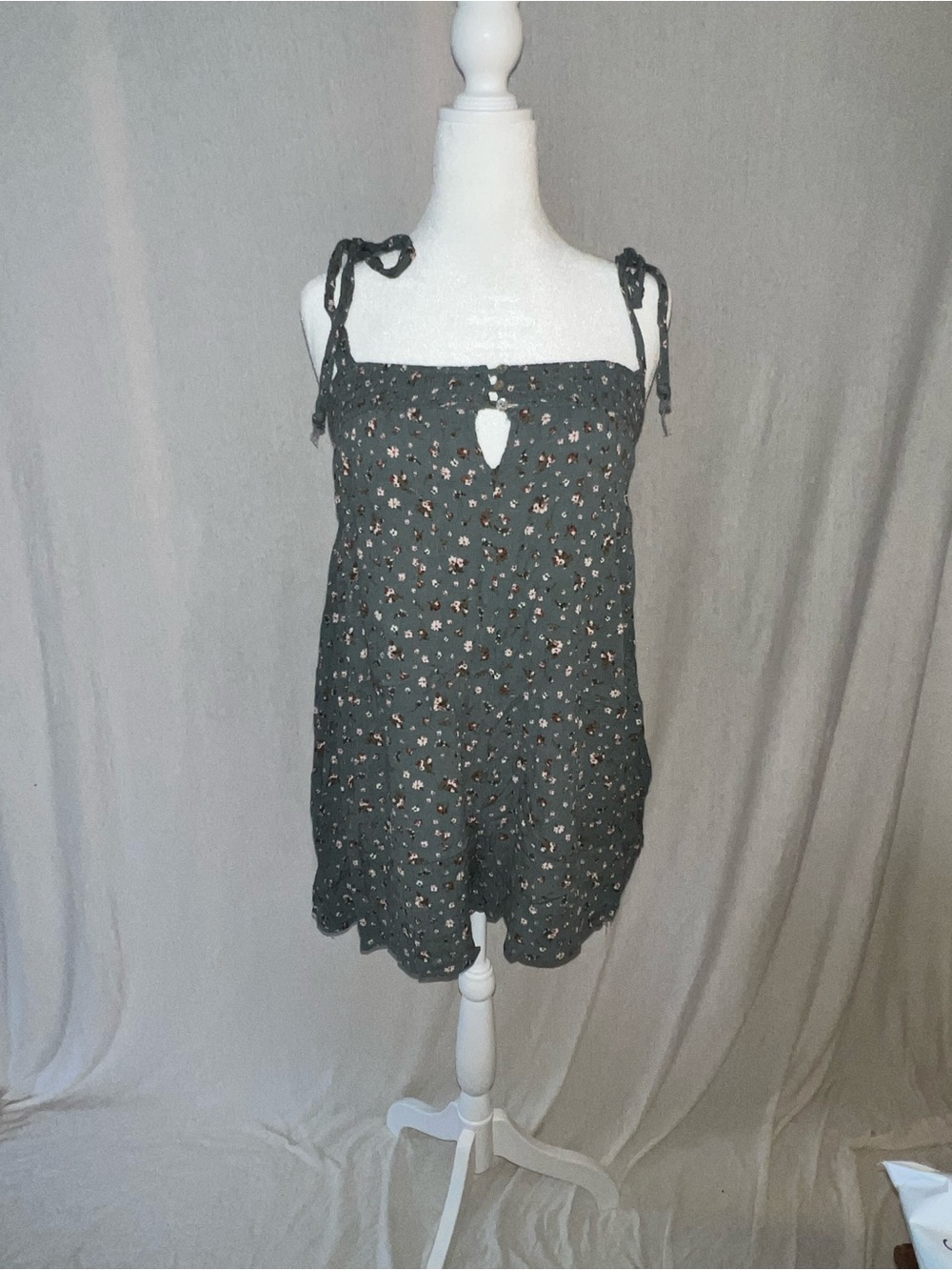 Dark Floral Tie-Strap Romper- Blue/Green with Tiny Floral Print